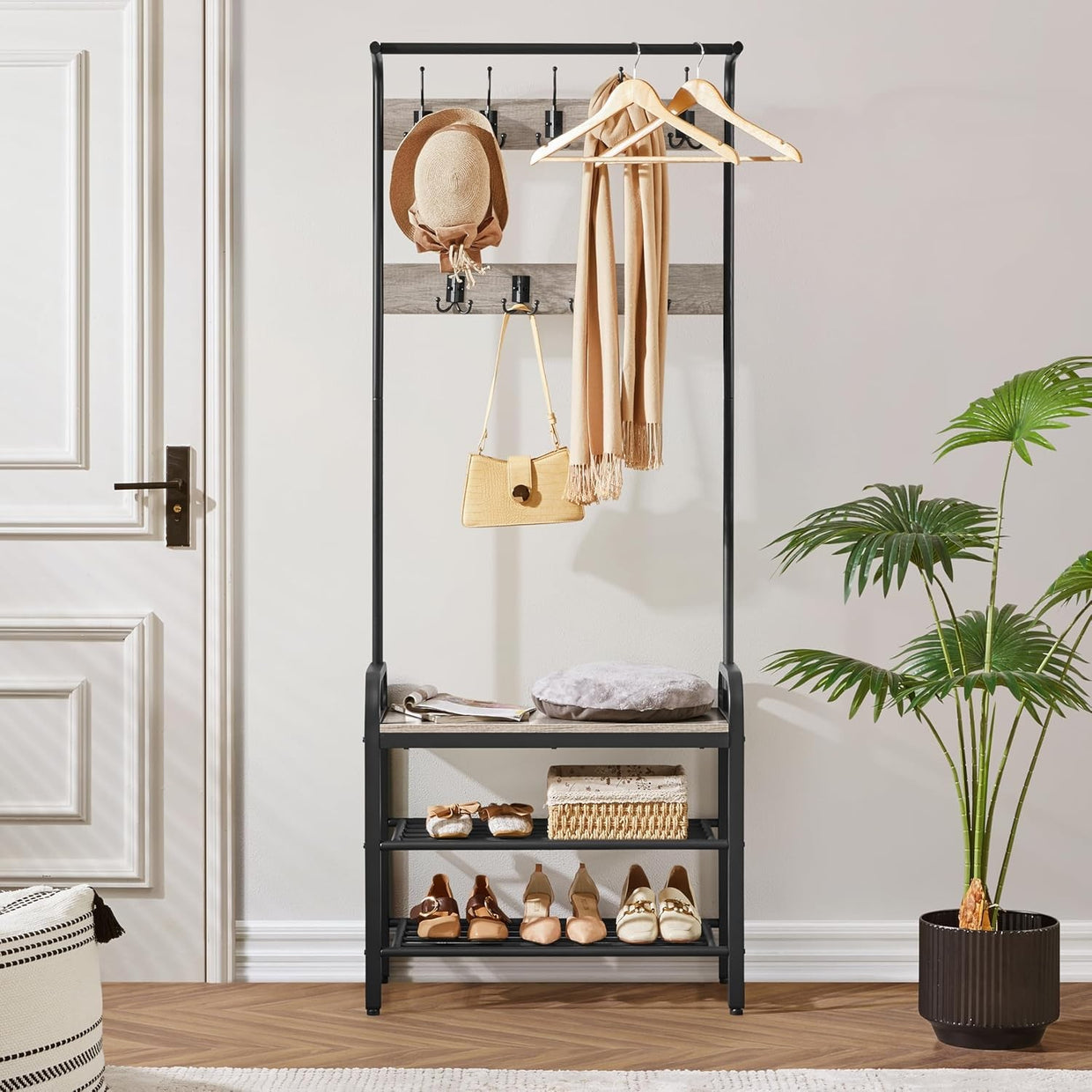 Industrial Coat Rack with Shoe Bench & 9 Hooks | Hallway Entryway Storage - Kwikley