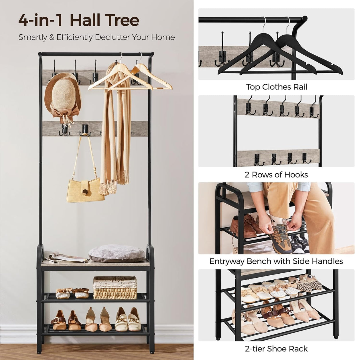 Industrial Coat Rack with Shoe Bench & 9 Hooks | Hallway Entryway Storage - Kwikley