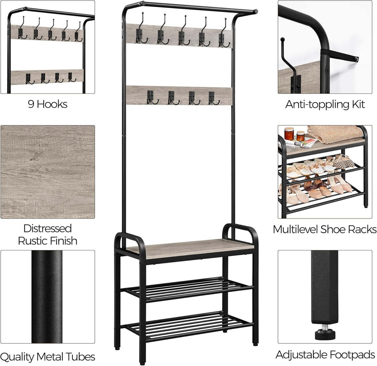 Industrial Coat Rack with Shoe Bench & 9 Hooks | Hallway Entryway Storage - Kwikley