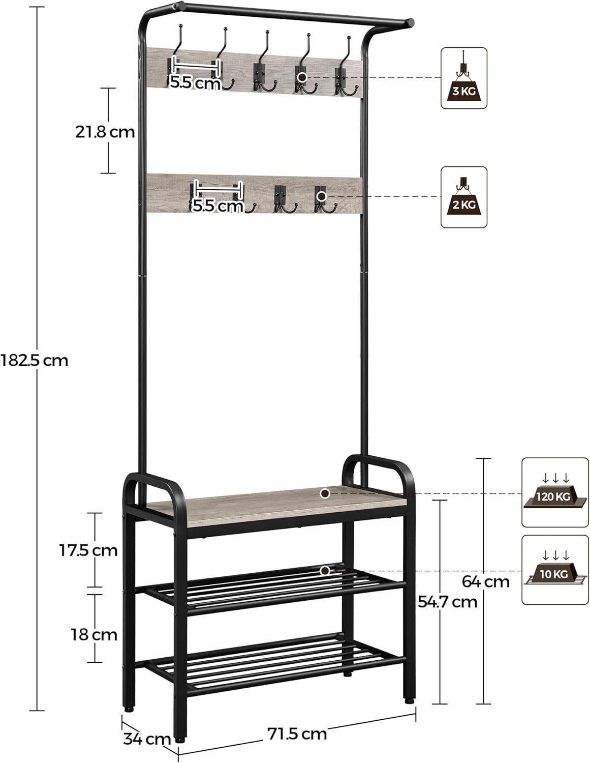 Industrial Coat Rack with Shoe Bench & 9 Hooks | Hallway Entryway Storage - Kwikley