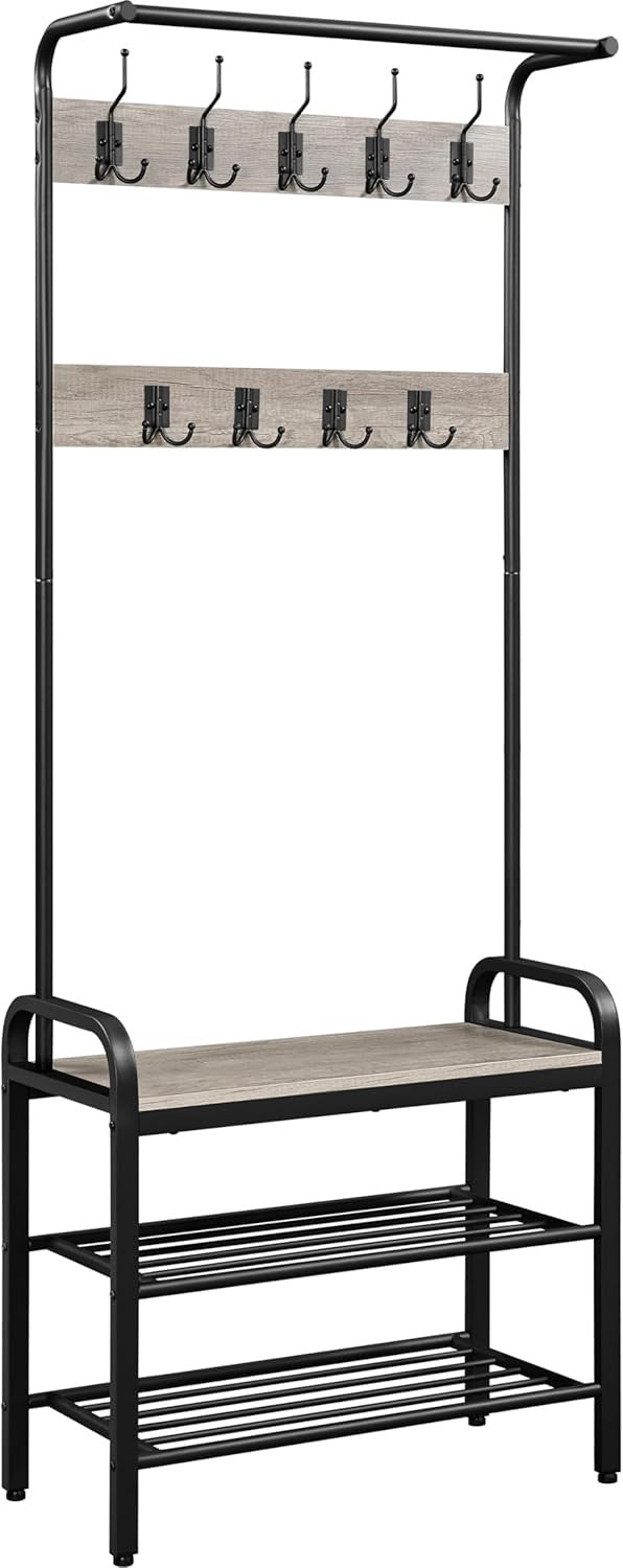 Industrial Coat Rack with Shoe Bench & 9 Hooks | Hallway Entryway Storage - Kwikley
