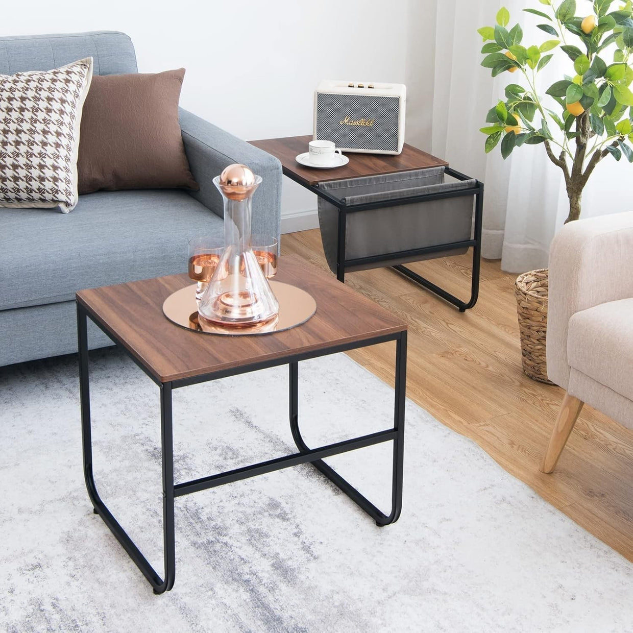 Industrial End Table Set of 2 Nesting Tables Rustic Coffee Side Metal Frame Livi - Kwikley