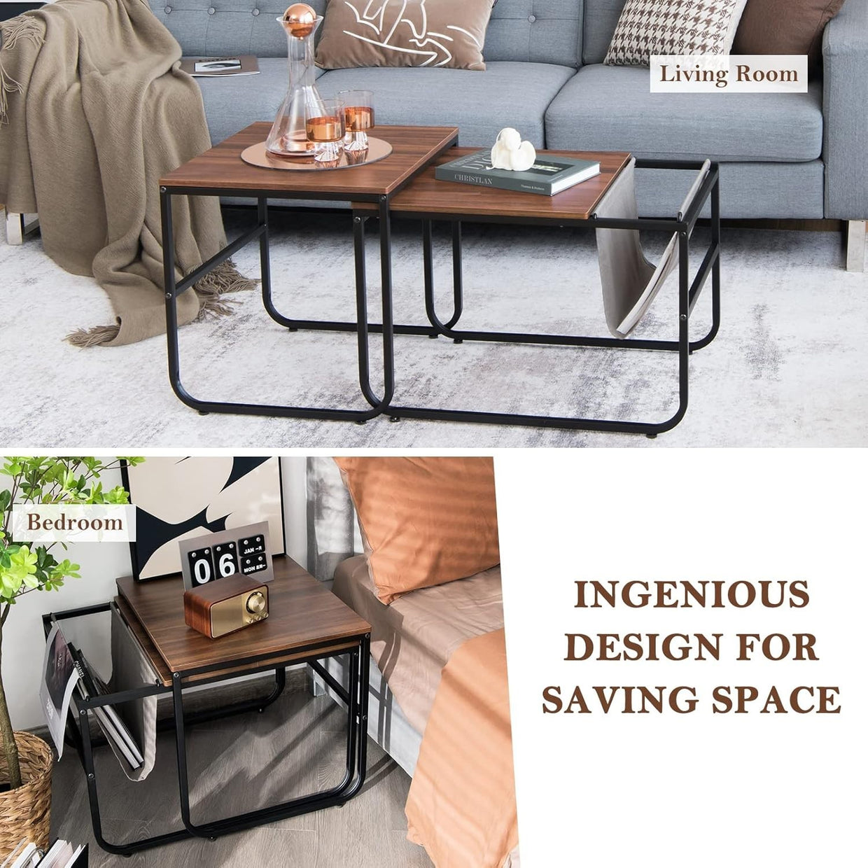 Industrial End Table Set of 2 Nesting Tables Rustic Coffee Side Metal Frame Livi - Kwikley
