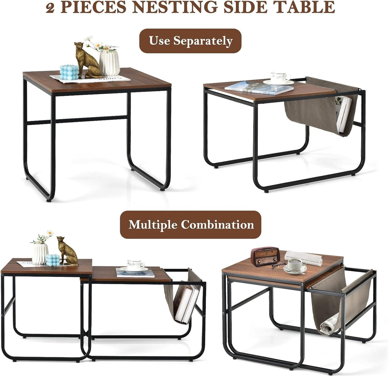 Industrial End Table Set of 2 Nesting Tables Rustic Coffee Side Metal Frame Livi - Kwikley