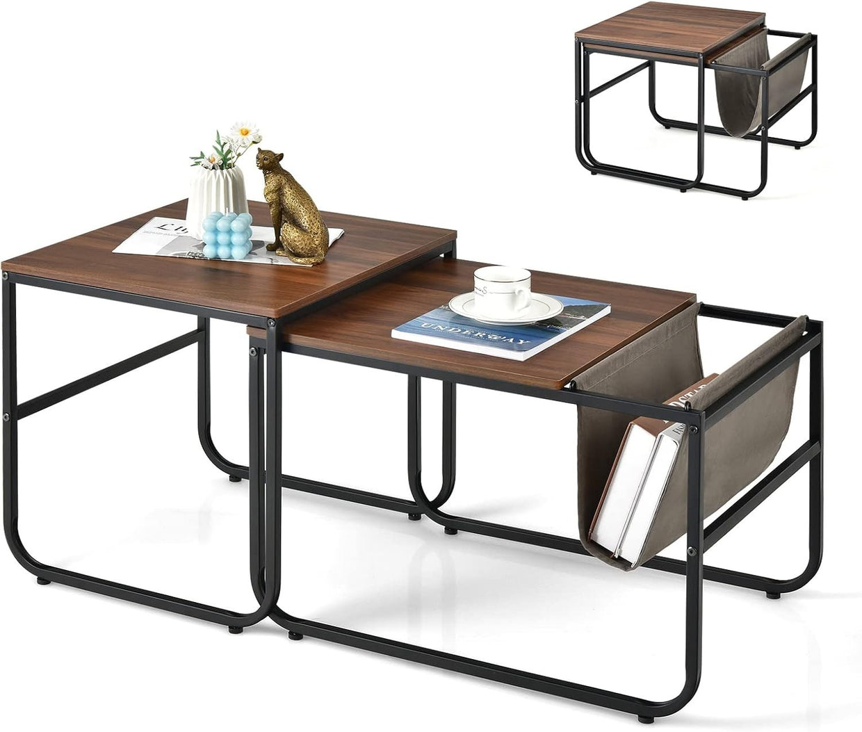 Industrial End Table Set of 2 Nesting Tables Rustic Coffee Side Metal Frame Livi - Kwikley