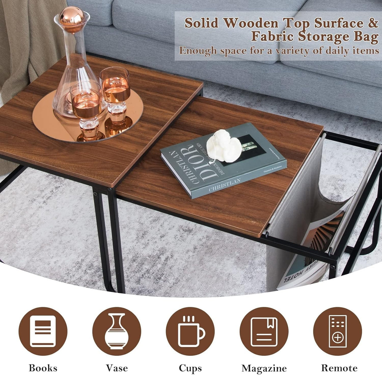 Industrial End Table Set of 2 Nesting Tables Rustic Coffee Side Metal Frame Livi - Kwikley