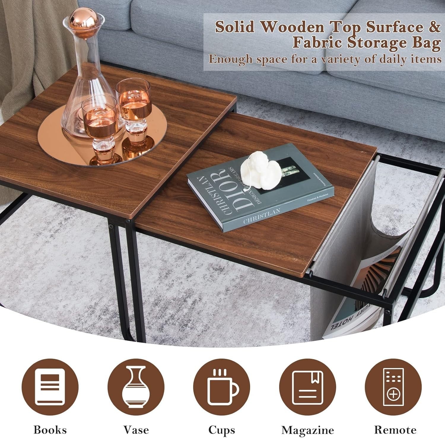 Industrial End Table Set of 2 Nesting Tables Rustic Coffee Side Metal Frame Livi - Kwikley