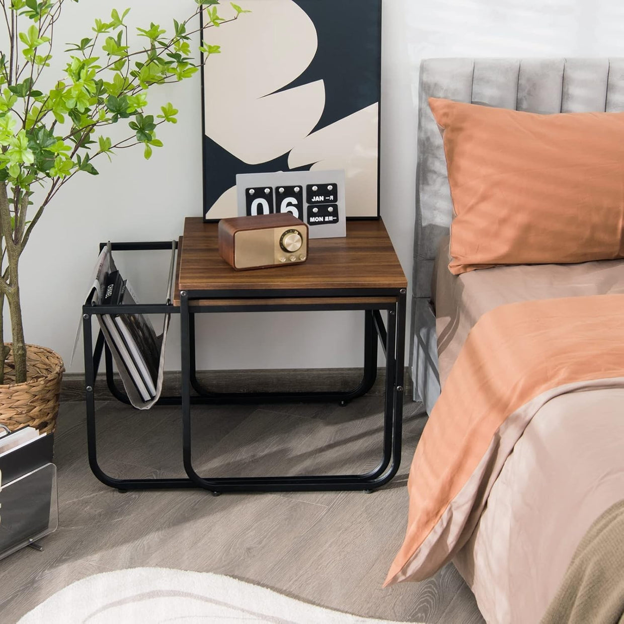 Industrial End Table Set of 2 Nesting Tables Rustic Coffee Side Metal Frame Livi - Kwikley