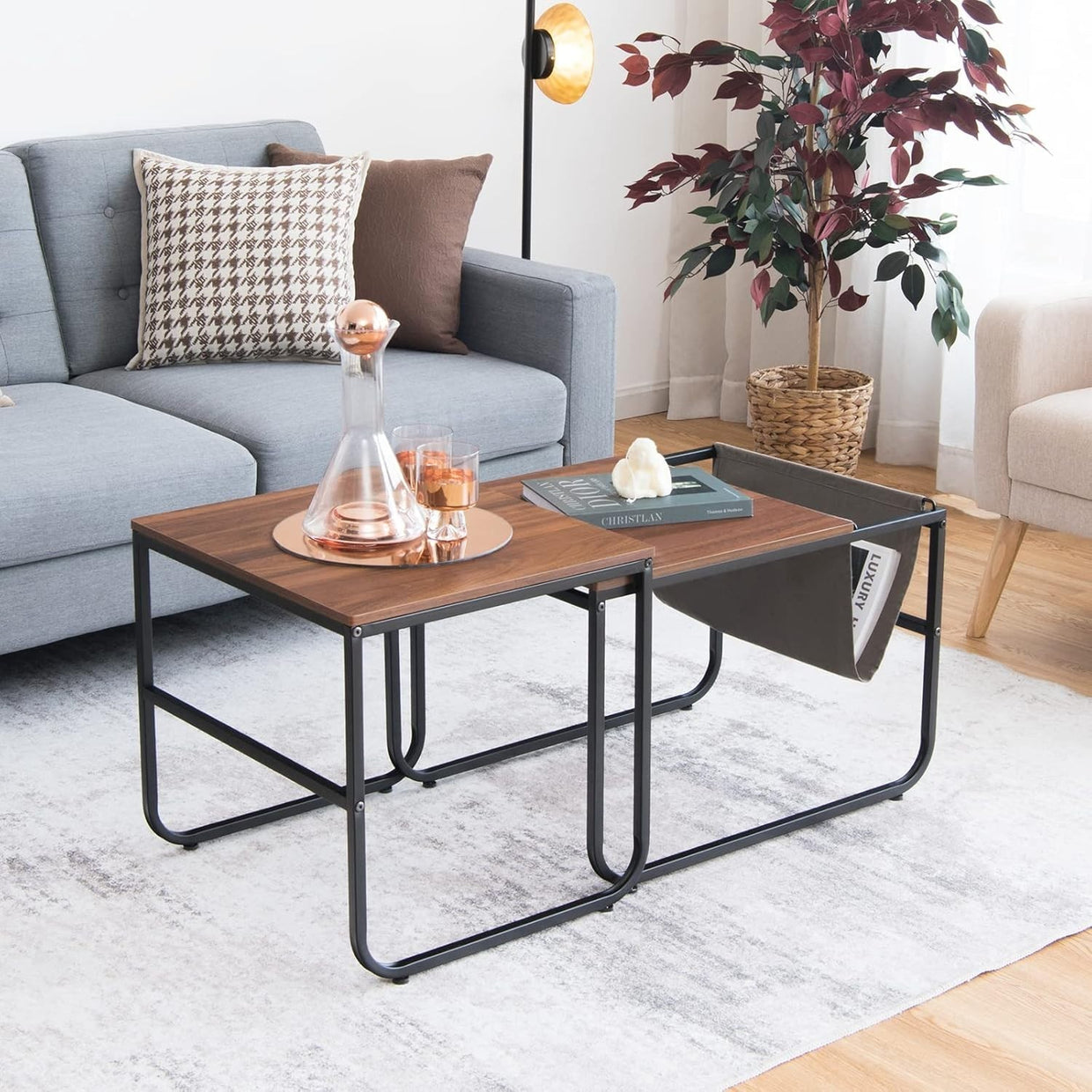 Industrial End Table Set of 2 Nesting Tables Rustic Coffee Side Metal Frame Livi - Kwikley