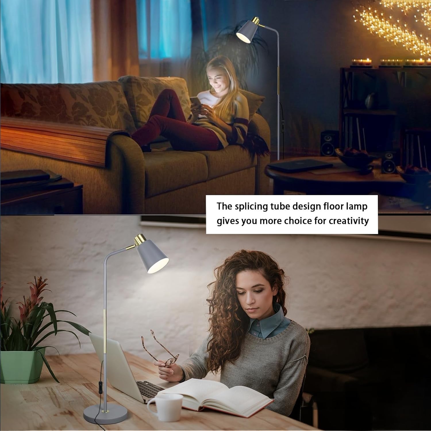 Industrial Floor Lamp Adjustable Metal Head Standing Reading Light Grey - Kwikley