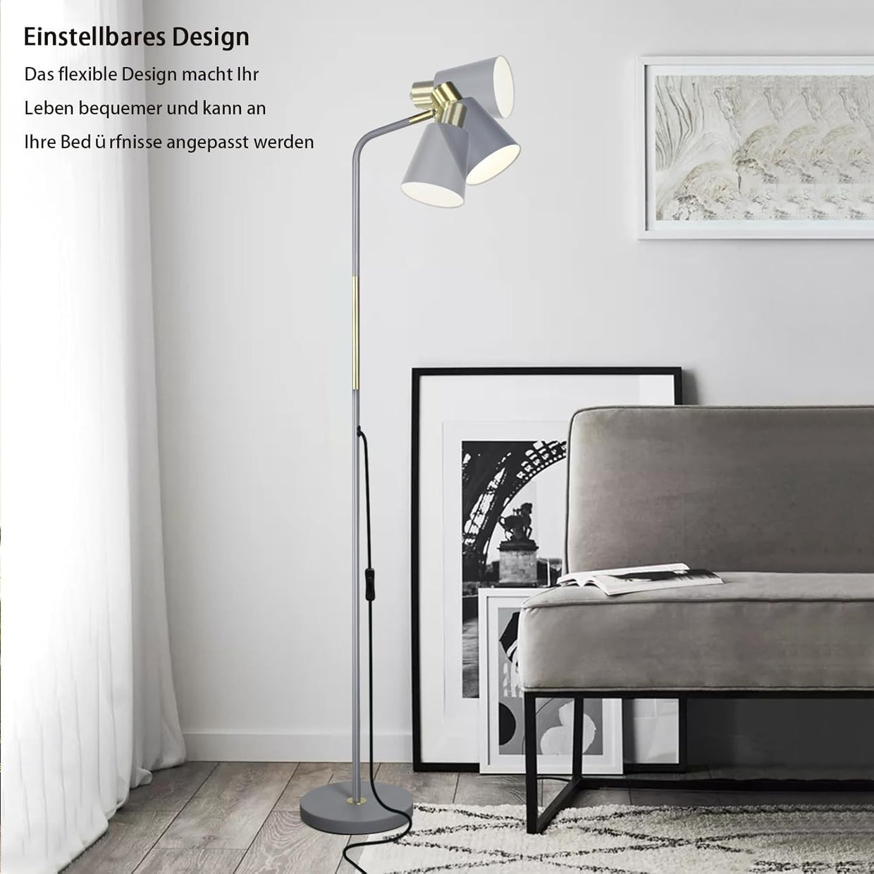 Industrial Floor Lamp Adjustable Metal Head Standing Reading Light Grey - Kwikley