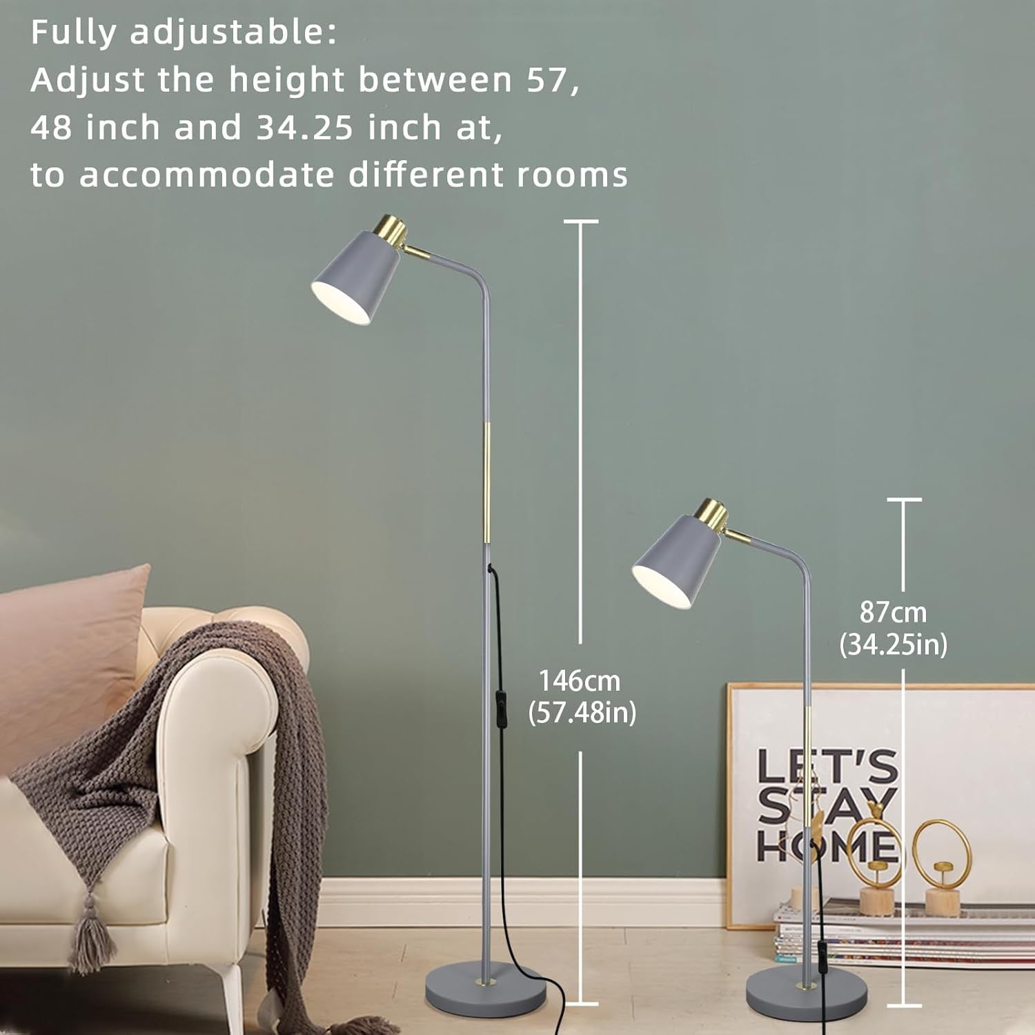 Industrial Floor Lamp Adjustable Metal Head Standing Reading Light Grey - Kwikley