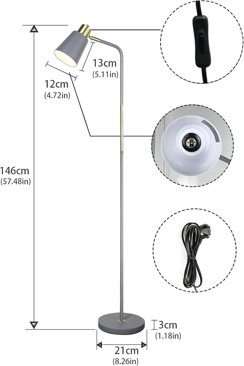Industrial Floor Lamp Adjustable Metal Head Standing Reading Light Grey - Kwikley