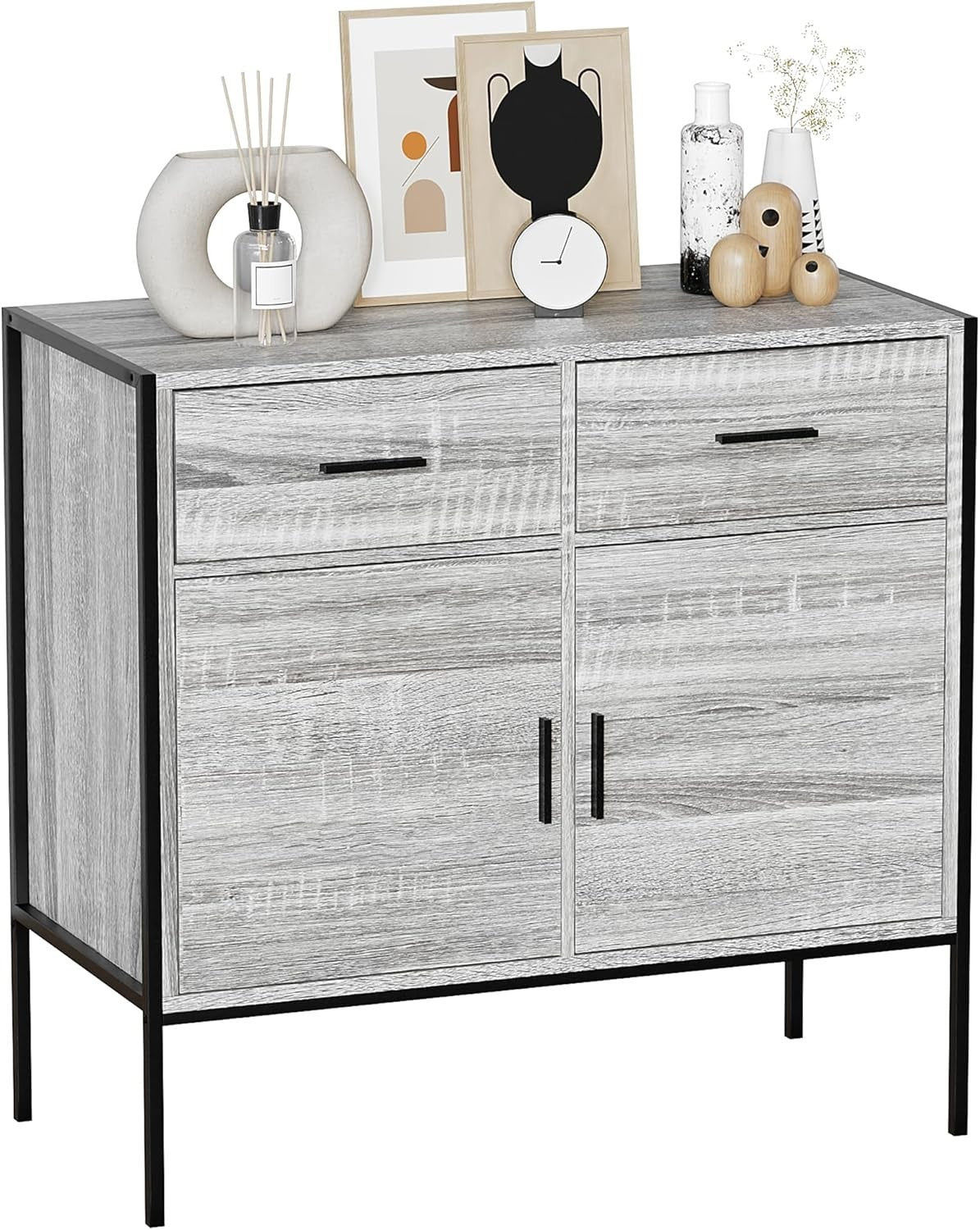 Industrial Grey Sideboard Storage Cabinet 2 Door 2 Drawer Metal Legs - Kwikley