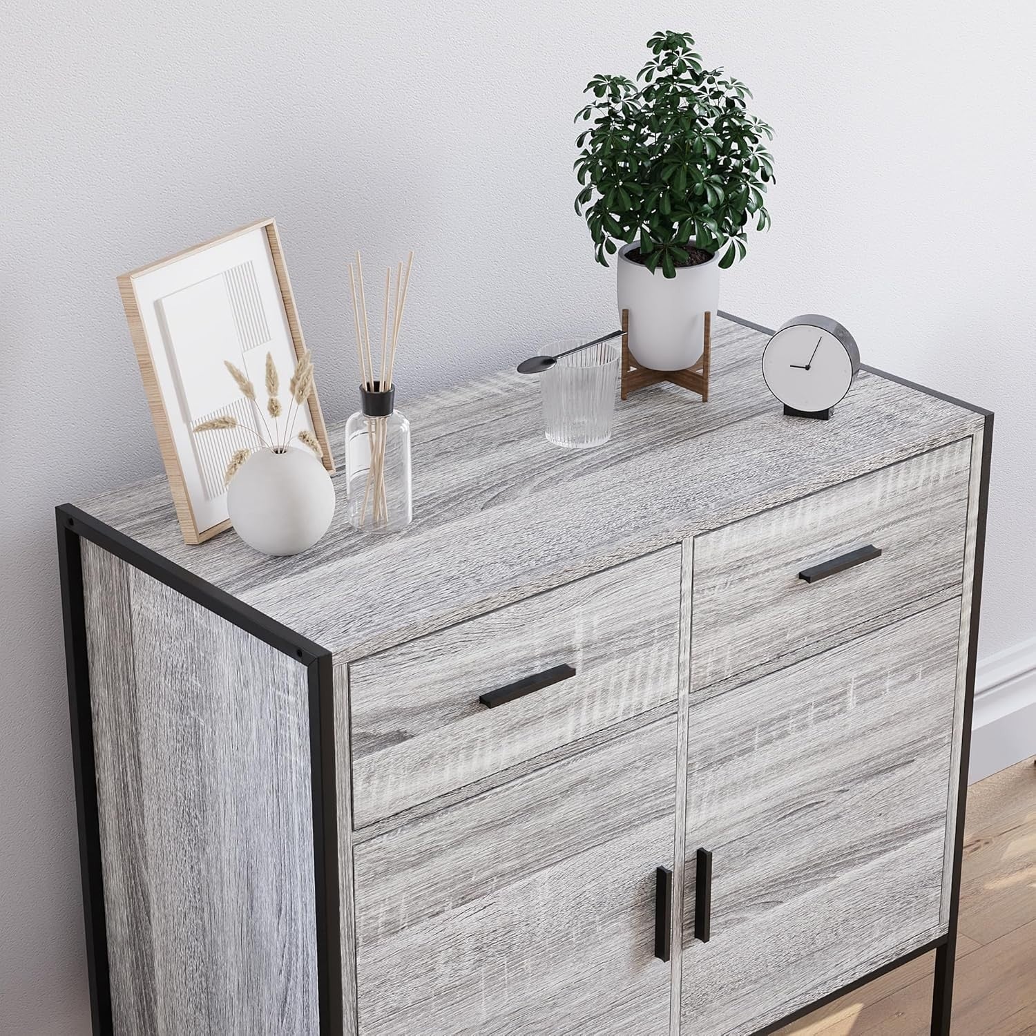 Industrial Grey Sideboard Storage Cabinet 2 Door 2 Drawer Metal Legs - Kwikley