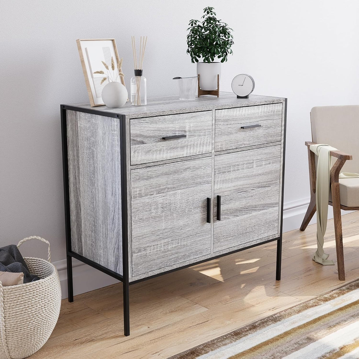 Industrial Grey Sideboard Storage Cabinet 2 Door 2 Drawer Metal Legs - Kwikley