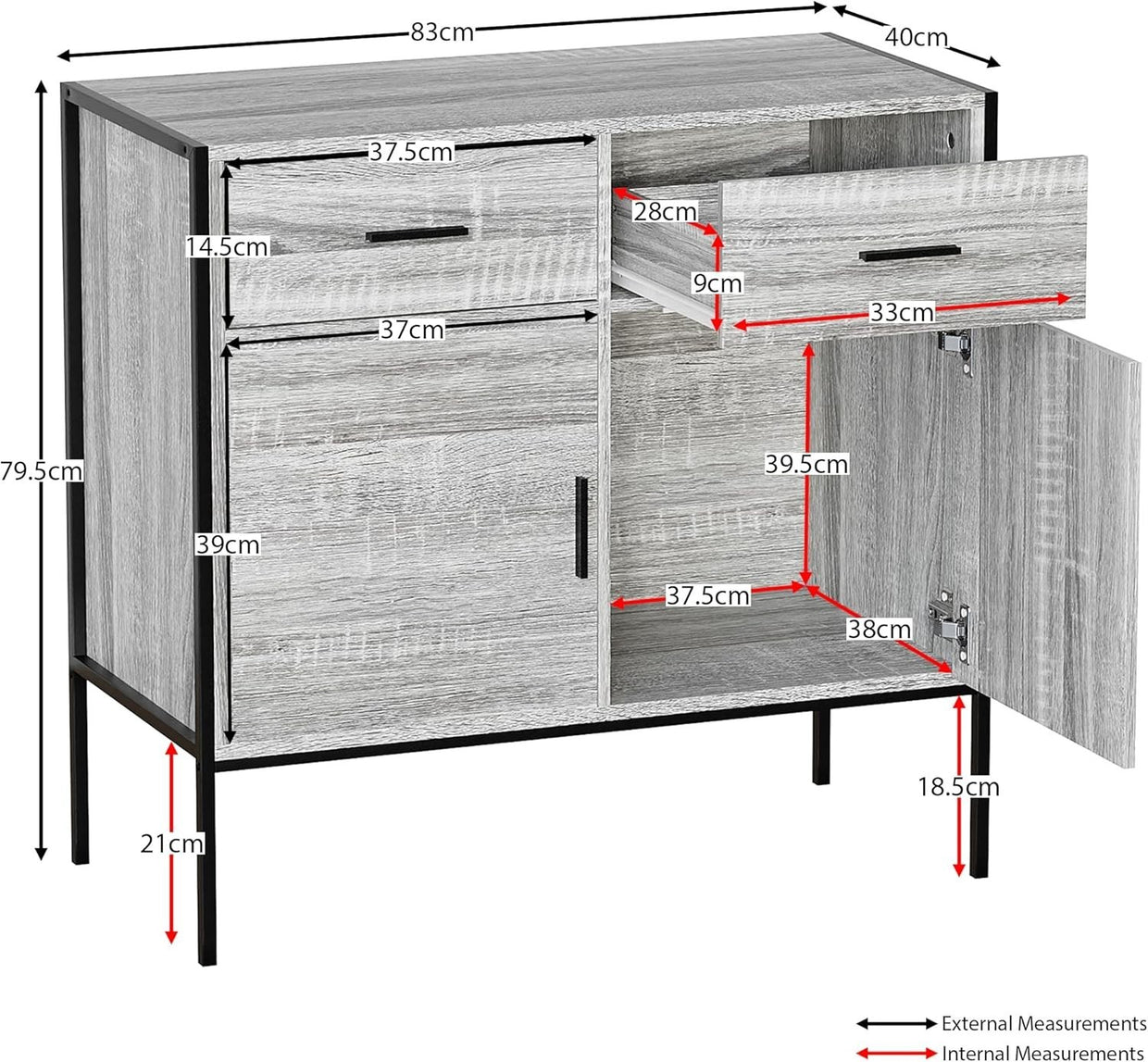 Industrial Grey Sideboard Storage Cabinet 2 Door 2 Drawer Metal Legs - Kwikley
