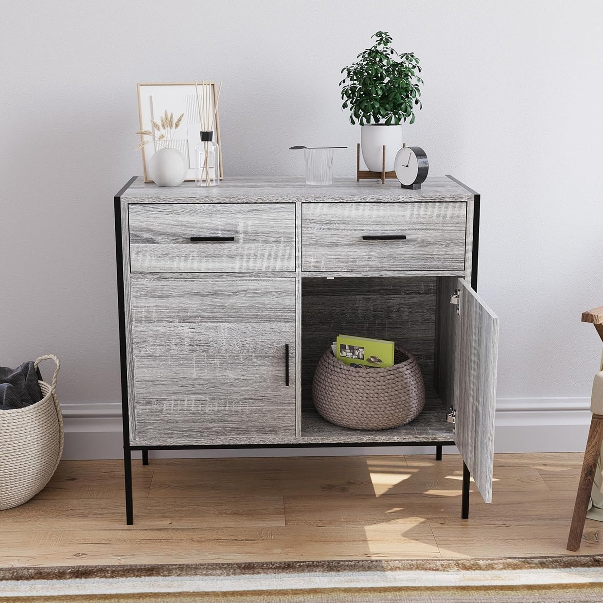 Industrial Grey Sideboard Storage Cabinet 2 Door 2 Drawer Metal Legs - Kwikley