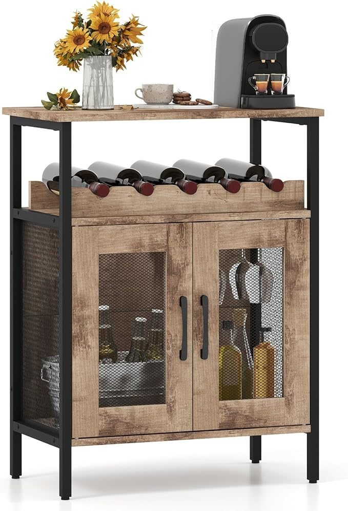 Industrial Grey Wash Wine Cabinet Sideboard with Glass Holder & Removable Rack - Kwikley