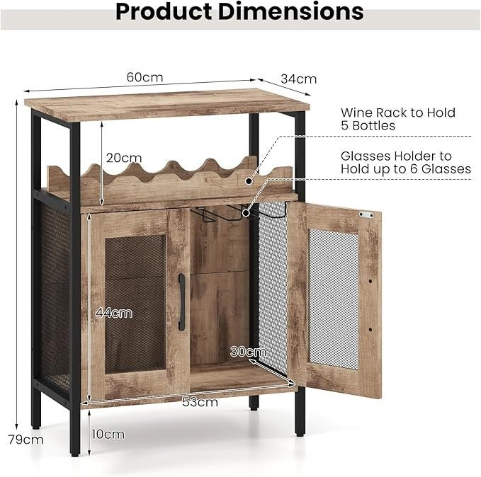 Industrial Grey Wash Wine Cabinet Sideboard with Glass Holder & Removable Rack - Kwikley
