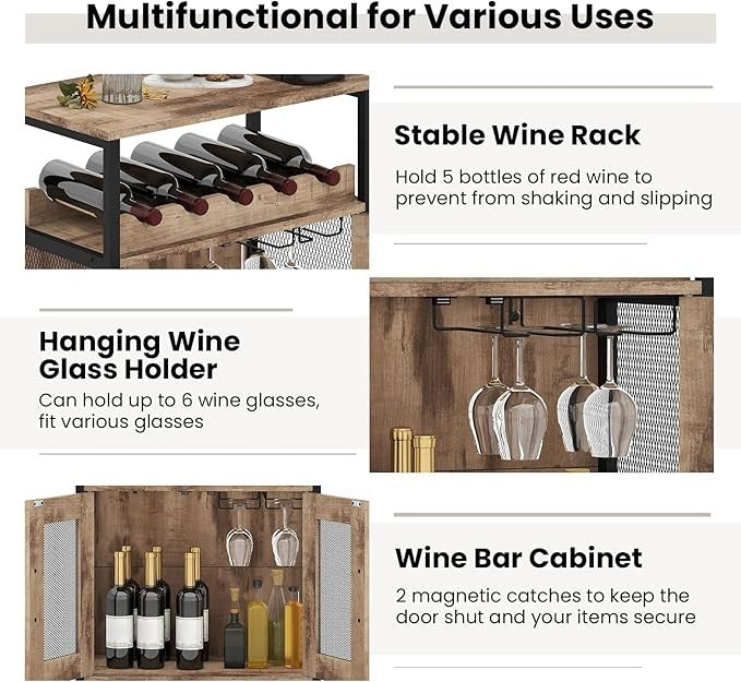 Industrial Grey Wash Wine Cabinet Sideboard with Glass Holder & Removable Rack - Kwikley