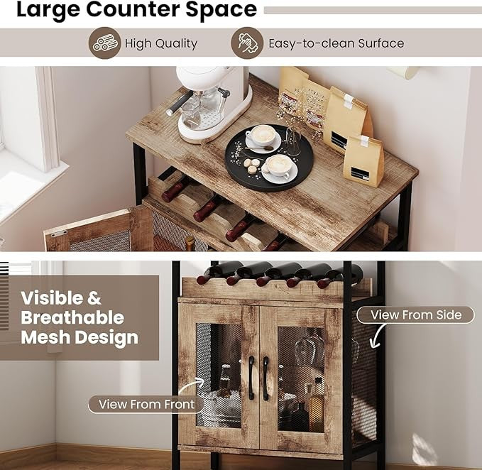 Industrial Grey Wash Wine Cabinet Sideboard with Glass Holder & Removable Rack - Kwikley