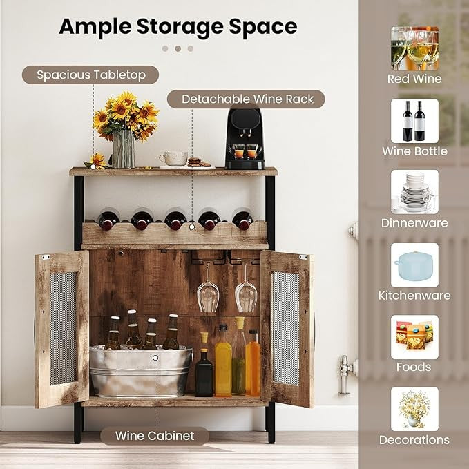 Industrial Grey Wash Wine Cabinet Sideboard with Glass Holder & Removable Rack - Kwikley