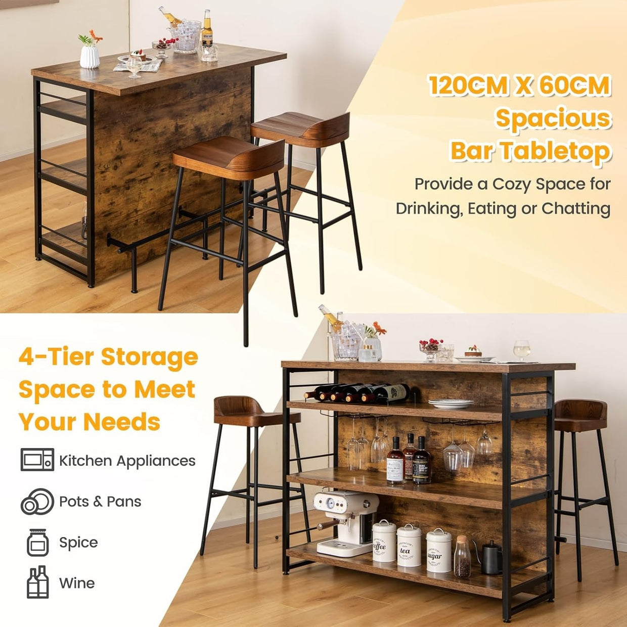 Industrial Kitchen Island Bar Table Sideboard Wine Rack 4 - Tier Storage - Kwikley