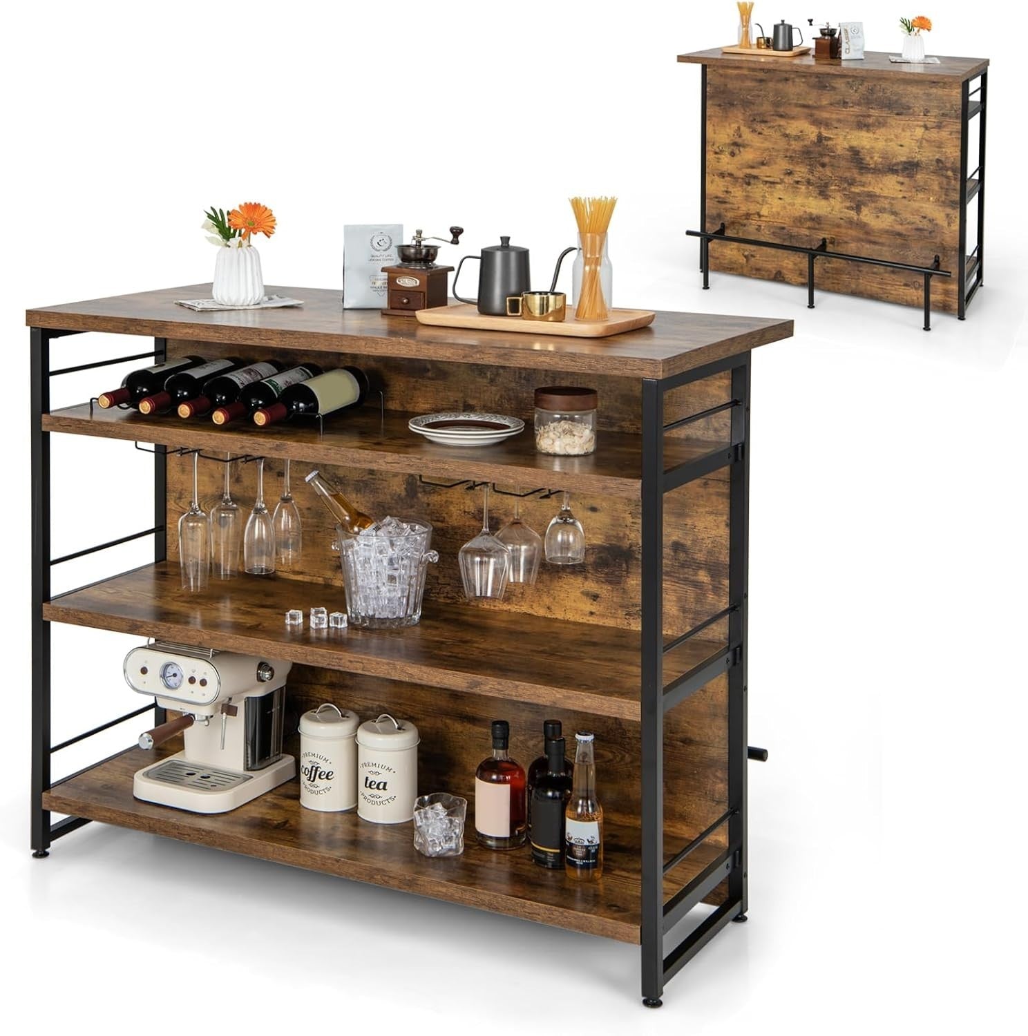 Industrial Kitchen Island Bar Table Sideboard Wine Rack 4 - Tier Storage - Kwikley