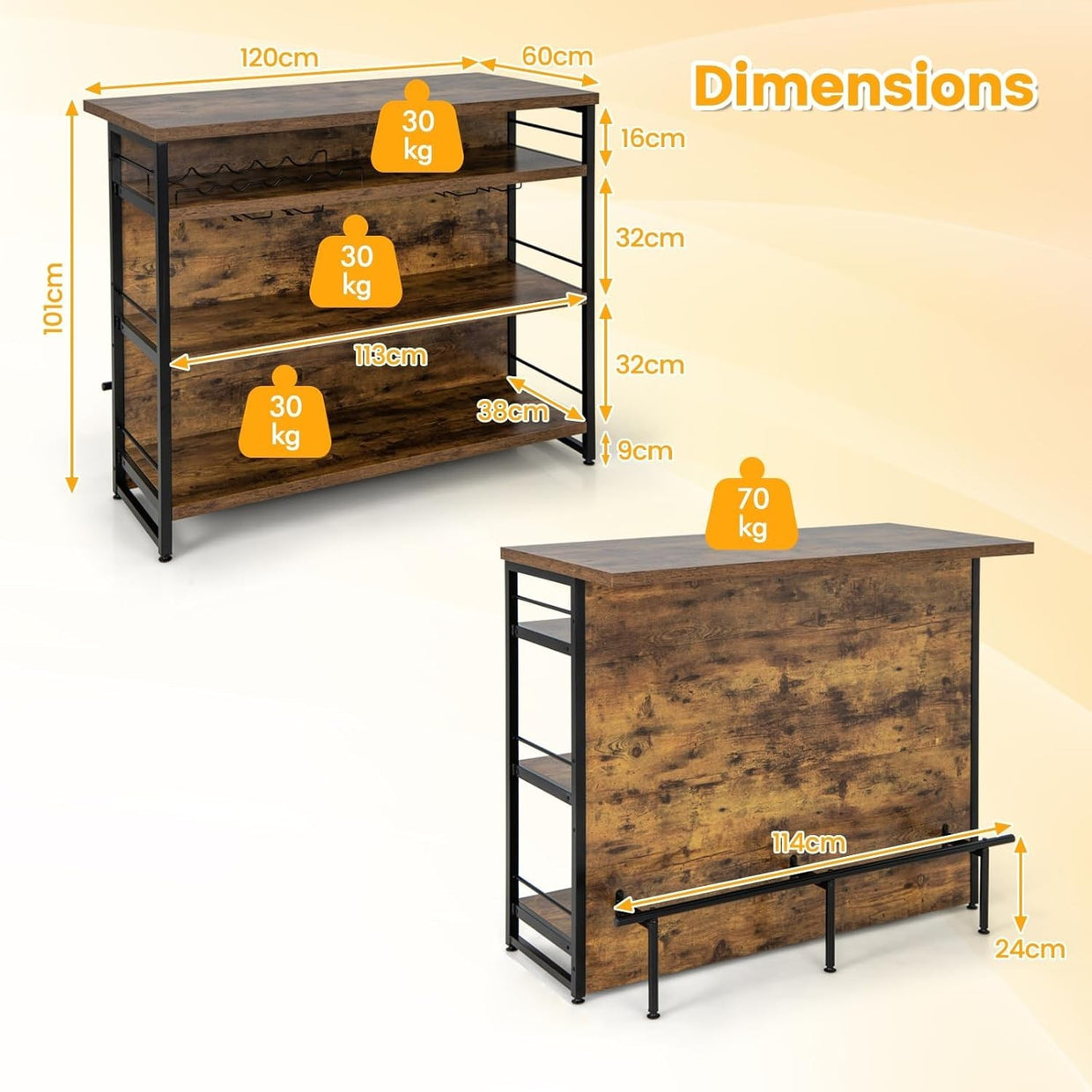 Industrial Kitchen Island Bar Table Sideboard Wine Rack 4 - Tier Storage - Kwikley