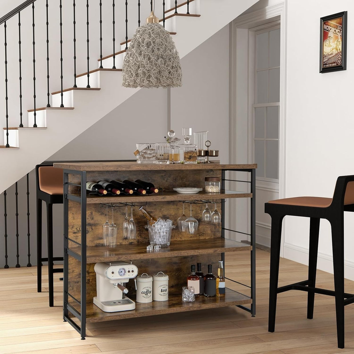 Industrial Kitchen Island Bar Table Sideboard Wine Rack 4 - Tier Storage - Kwikley