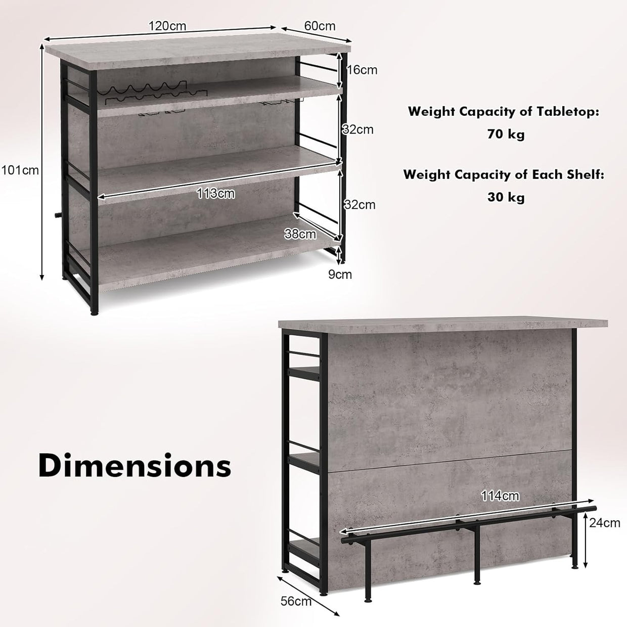 Industrial Kitchen Island Bar Table Sideboard Wine Rack 4 - Tier Storage Unit Grey - Kwikley