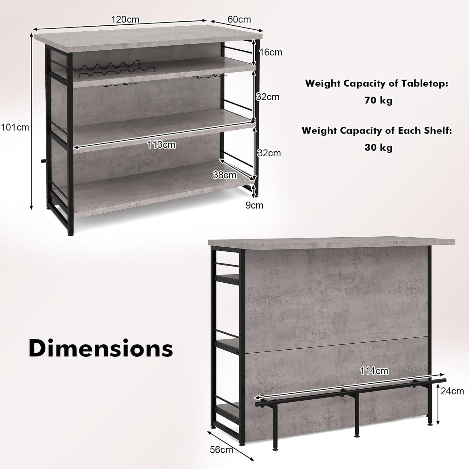 Industrial Kitchen Island Bar Table Sideboard Wine Rack 4 - Tier Storage Unit Grey - Kwikley