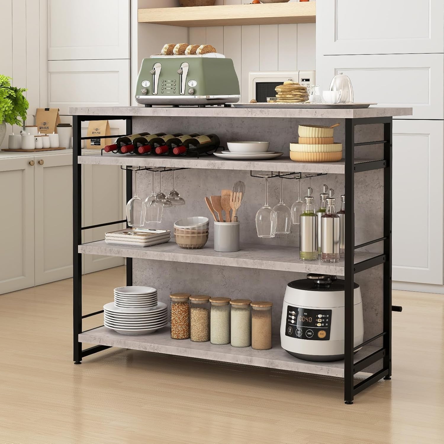 Industrial Kitchen Island Bar Table Sideboard Wine Rack 4 - Tier Storage Unit Grey - Kwikley