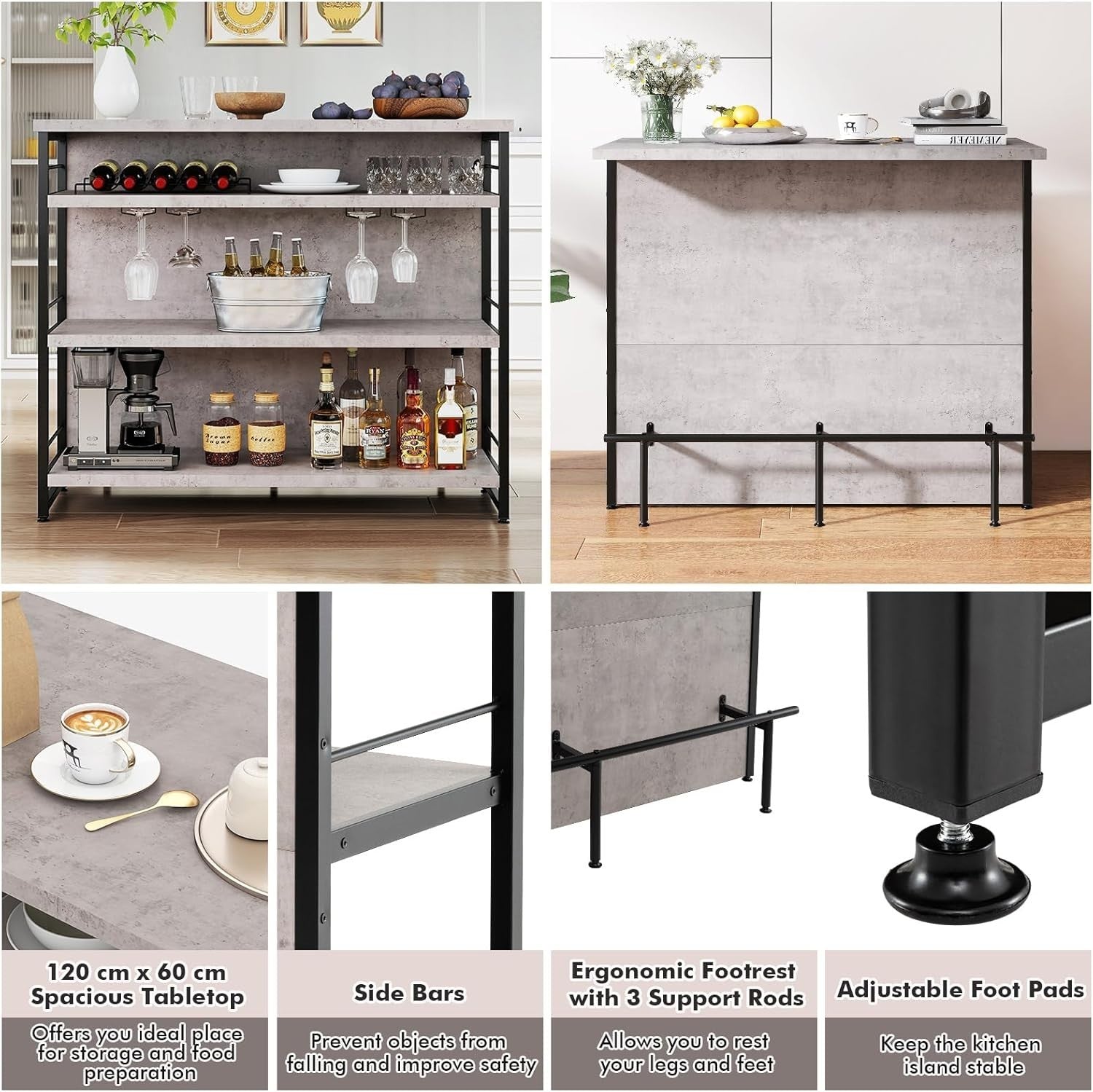 Industrial Kitchen Island Bar Table Sideboard Wine Rack 4 - Tier Storage Unit Grey - Kwikley