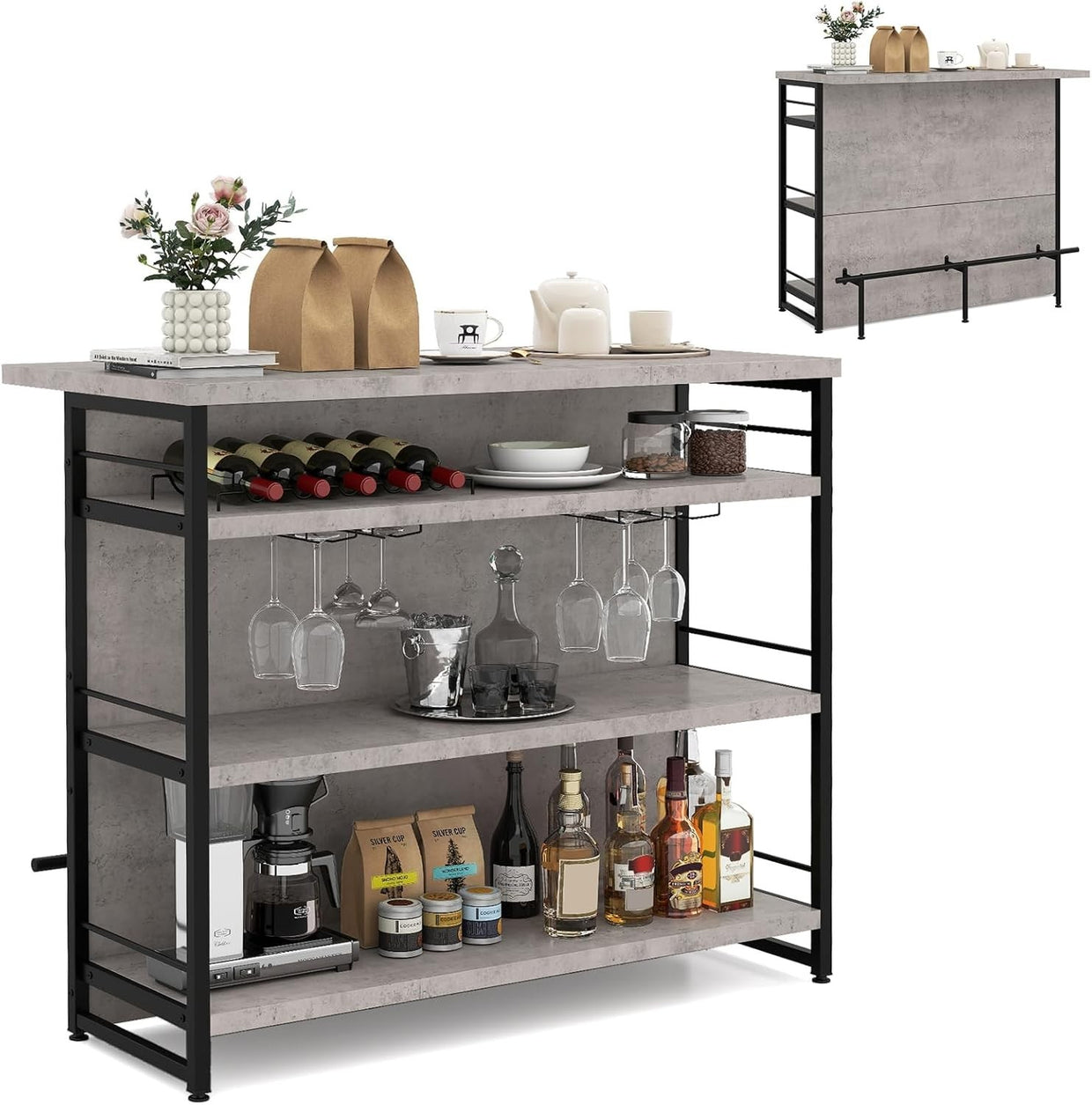 Industrial Kitchen Island Bar Table Sideboard Wine Rack 4 - Tier Storage Unit Grey - Kwikley