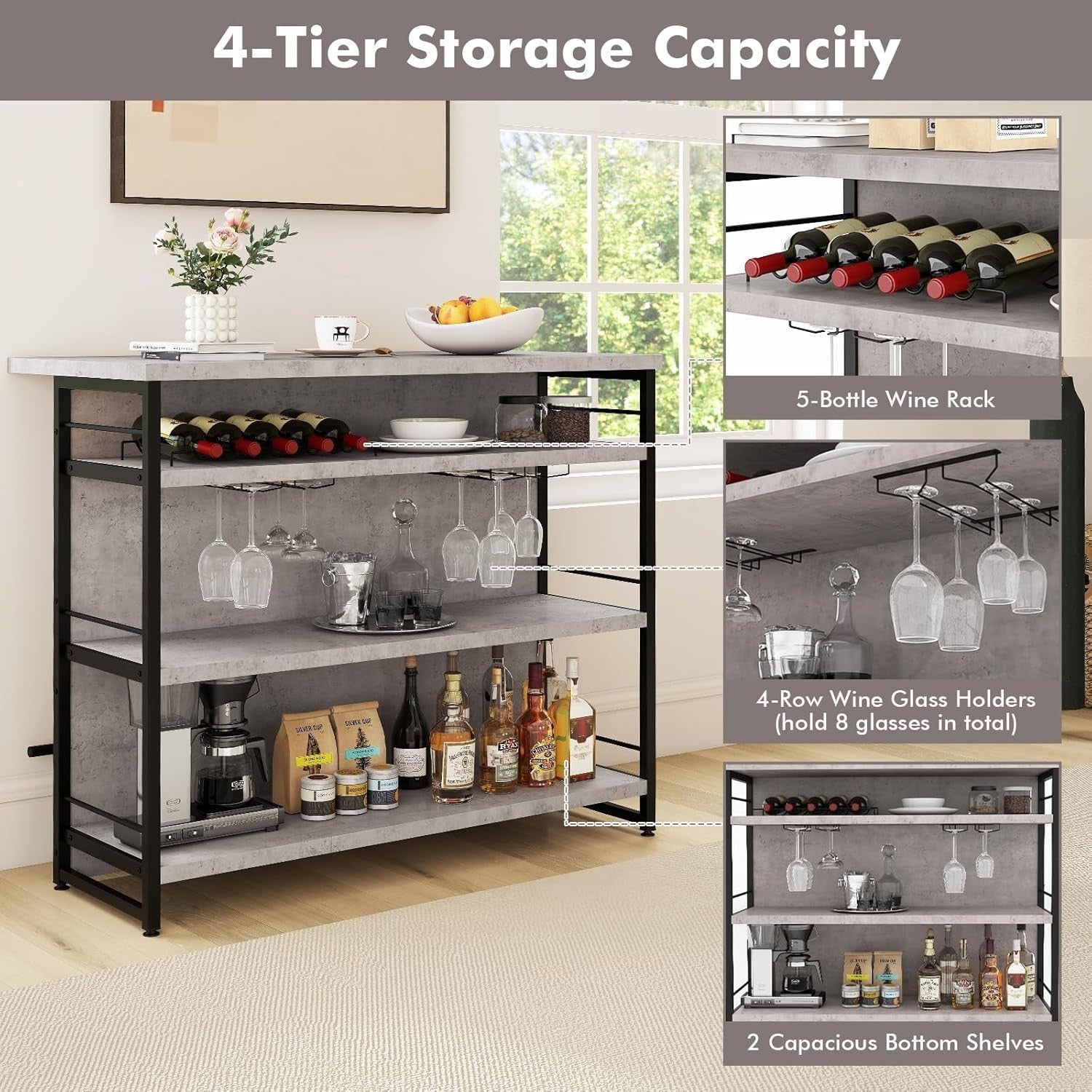 Industrial Kitchen Island Bar Table Sideboard Wine Rack 4 - Tier Storage Unit Grey - Kwikley
