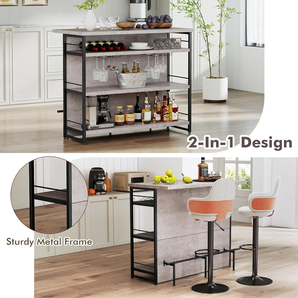Industrial Kitchen Island Bar Table Sideboard Wine Rack 4 - Tier Storage Unit Grey - Kwikley