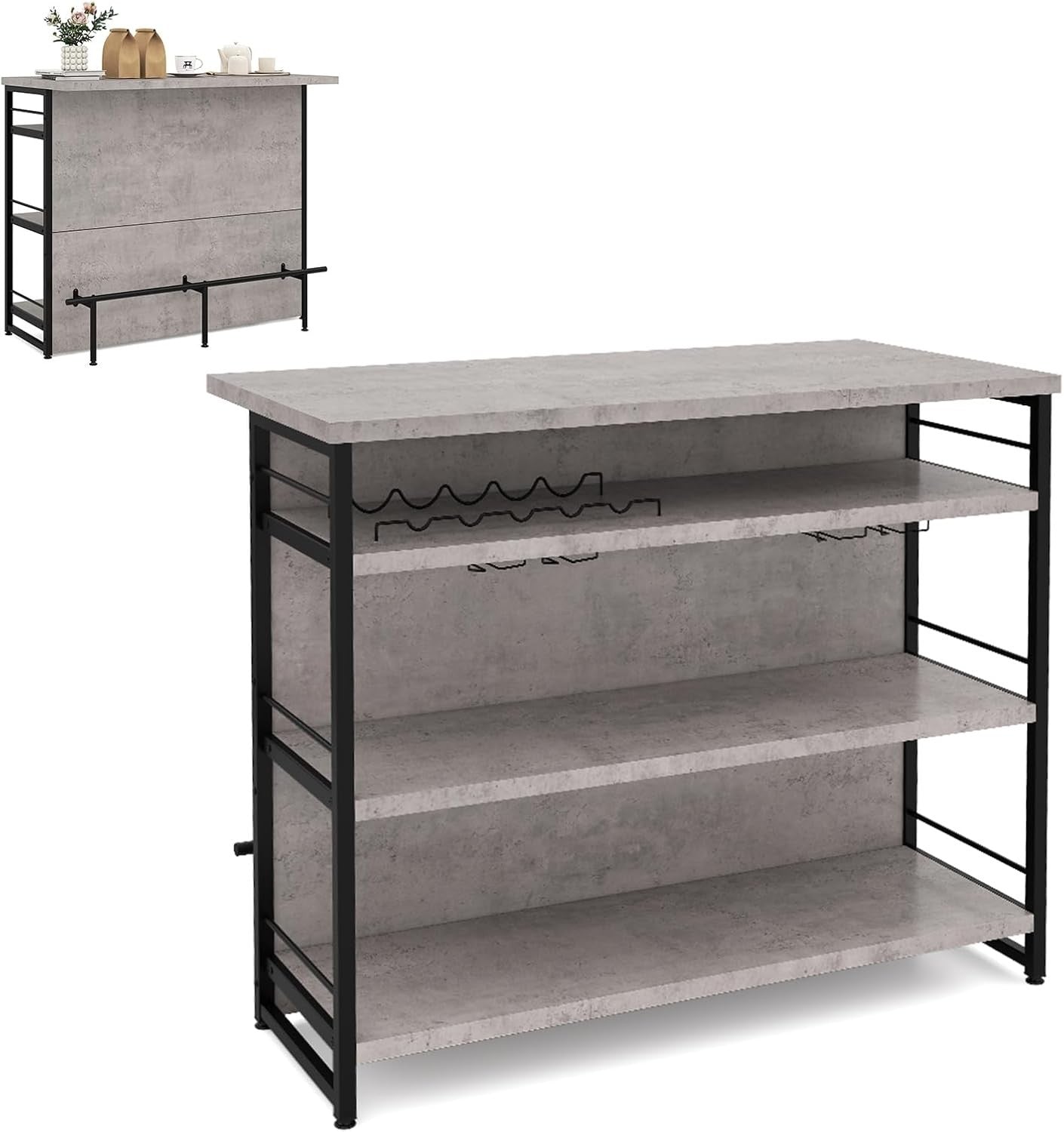 Industrial Kitchen Island Bar Table with Wine Rack Grey 120x60cm - Kwikley