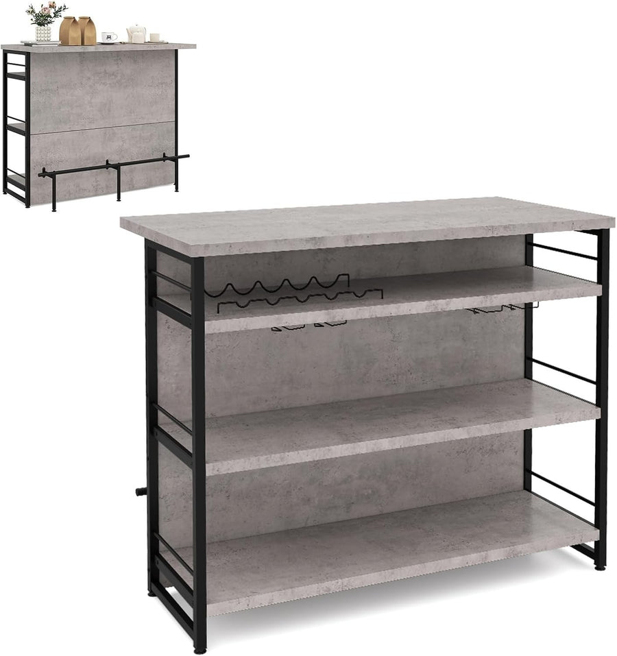 Industrial Kitchen Island Bar Table with Wine Rack Grey 120x60cm - Kwikley