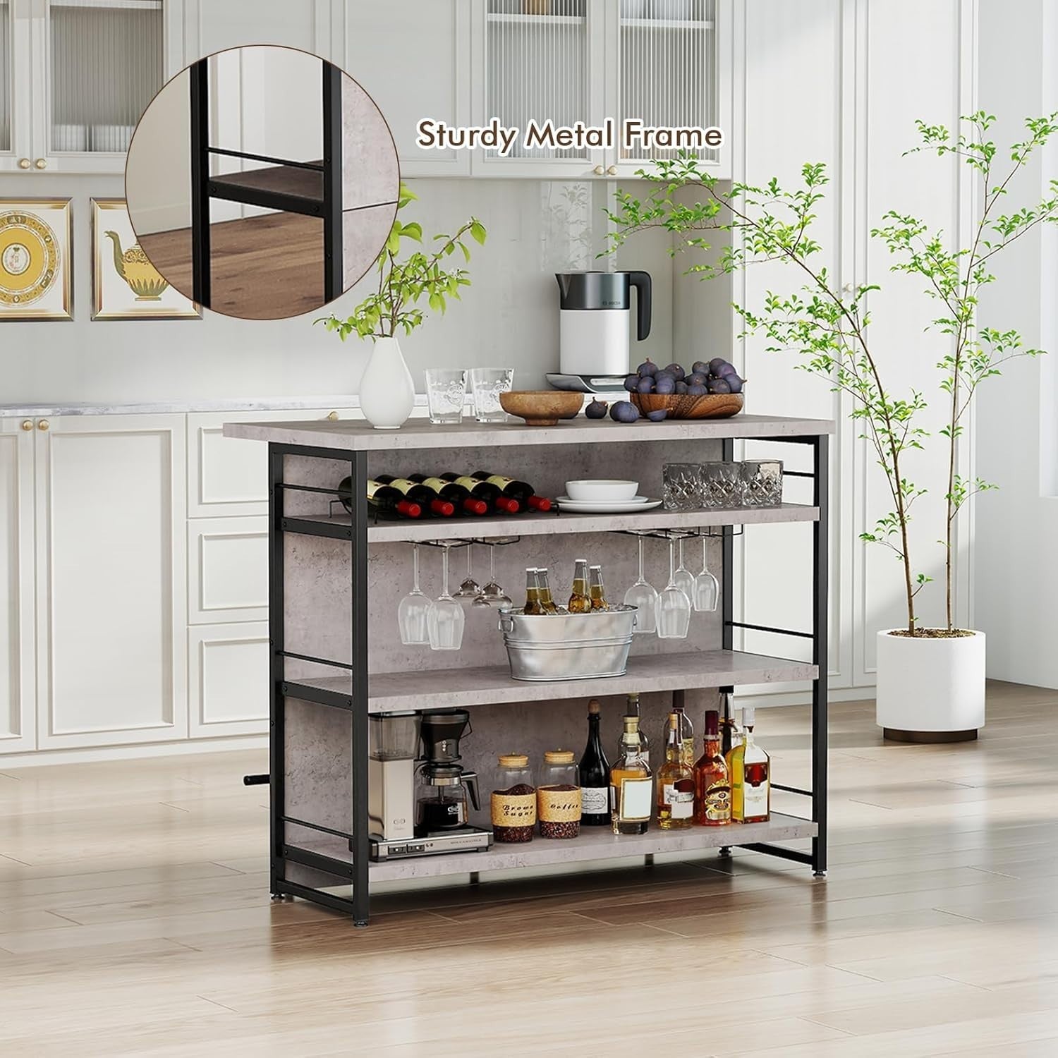 Industrial Kitchen Island Bar Table with Wine Rack Grey 120x60cm - Kwikley