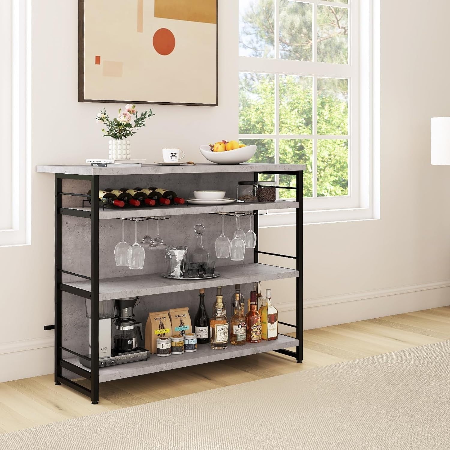 Industrial Kitchen Island Bar Table with Wine Rack Grey 120x60cm - Kwikley