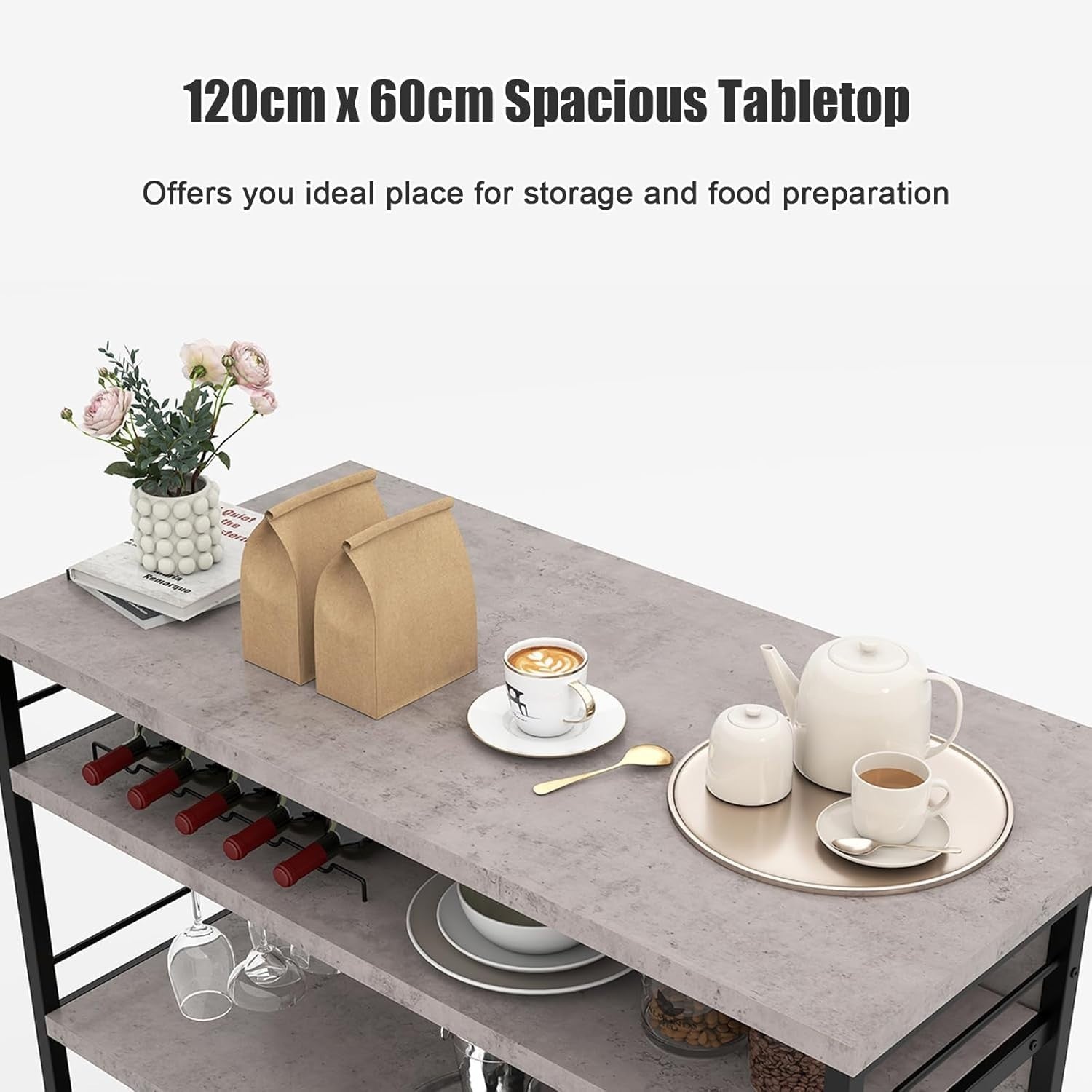 Industrial Kitchen Island Bar Table with Wine Rack Grey 120x60cm - Kwikley