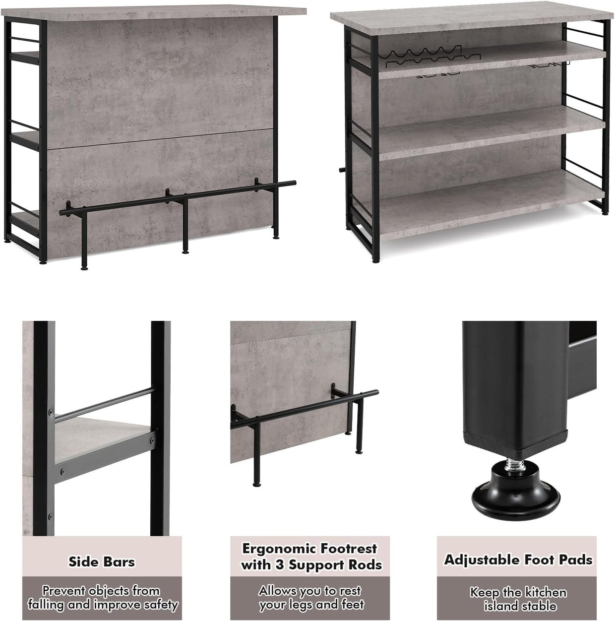 Industrial Kitchen Island Bar Table with Wine Rack Grey 120x60cm - Kwikley