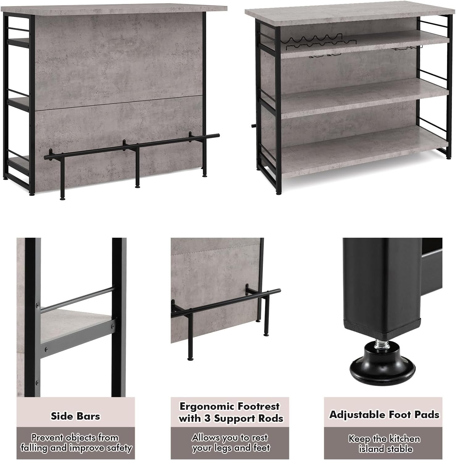 Industrial Kitchen Island Bar Table with Wine Rack Grey 120x60cm - Kwikley