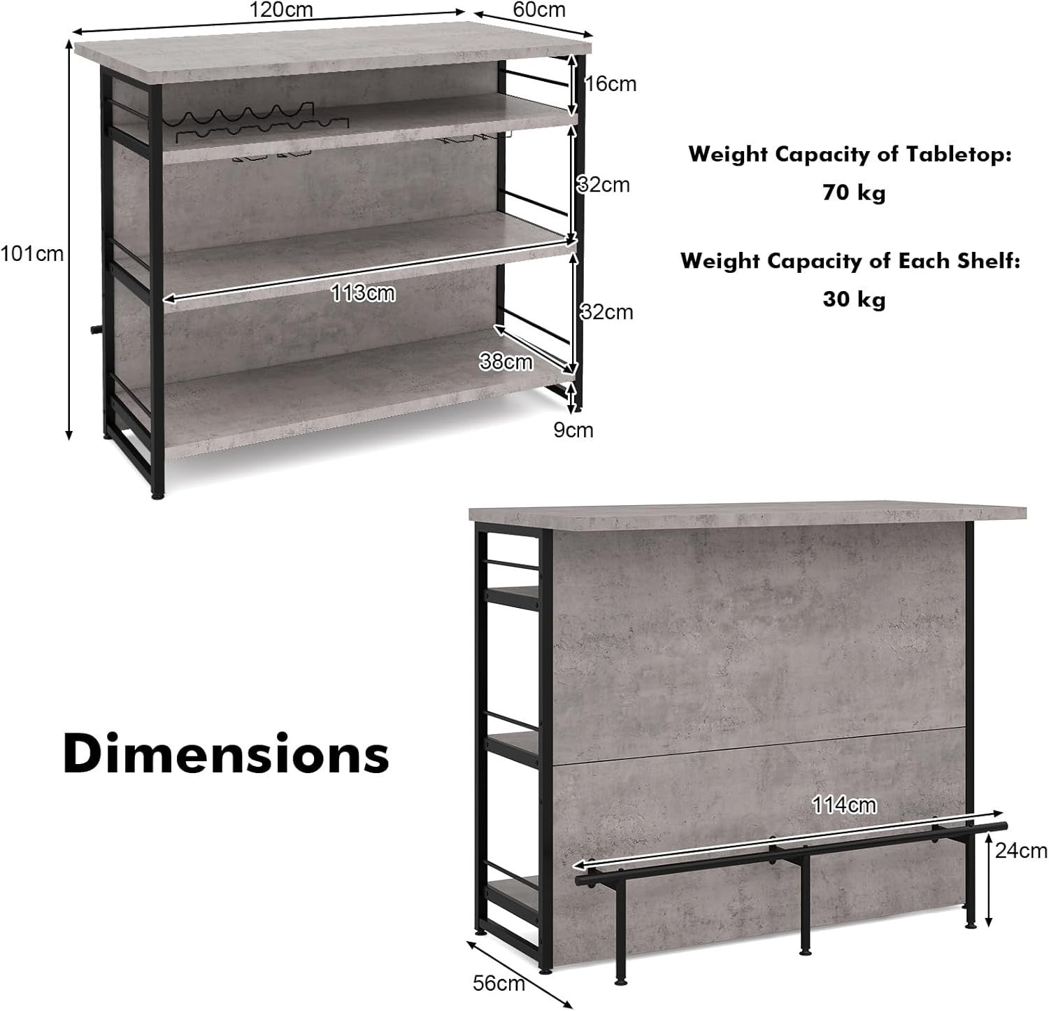 Industrial Kitchen Island Bar Table with Wine Rack Grey 120x60cm - Kwikley