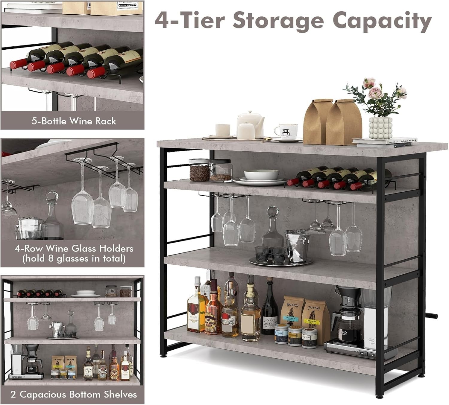 Industrial Kitchen Island Bar Table with Wine Rack Grey 120x60cm - Kwikley