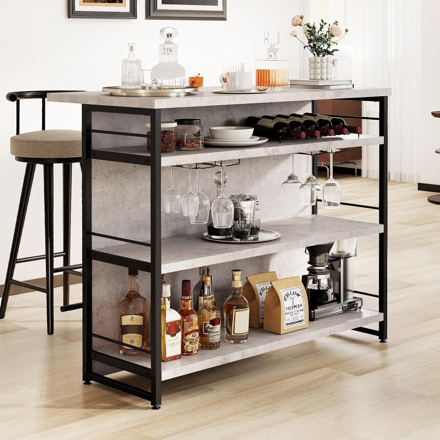 Industrial Kitchen Island Bar Table with Wine Rack, Shelves & Glass Holder Grey - Kwikley