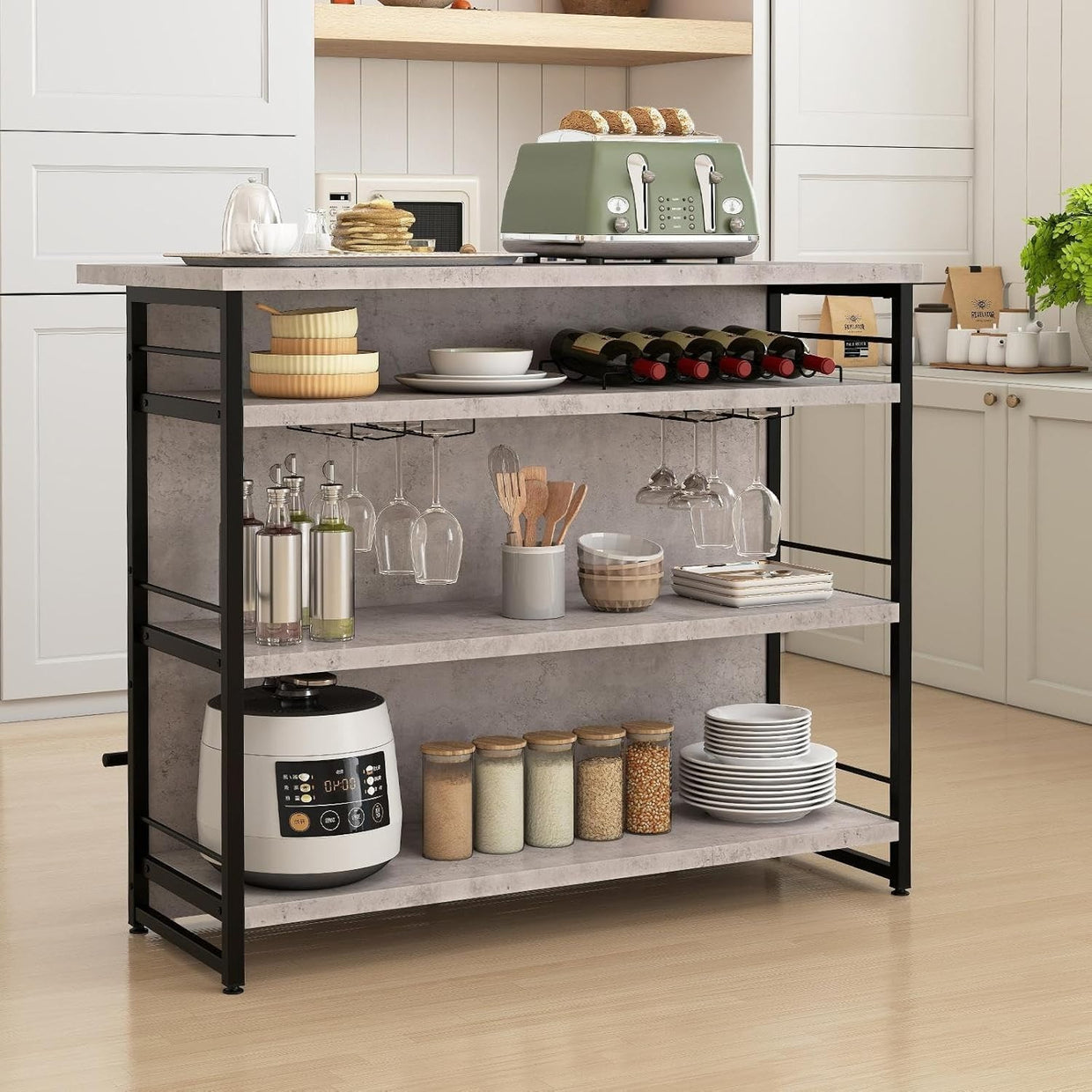 Industrial Kitchen Island Bar Table with Wine Rack, Shelves & Glass Holder Grey - Kwikley