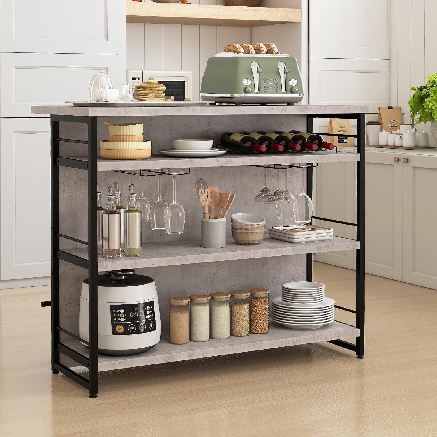 Industrial Kitchen Island Bar Table with Wine Rack, Shelves & Glass Holder Grey - Kwikley